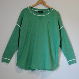 Tommy Hilfiger Green Knit Tunic Sweater Top Sporty White Stripe Rounded Hem XL